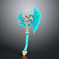 Ornate Blue And Gold Axe Weapon With Mythical Carvings And Red Gem