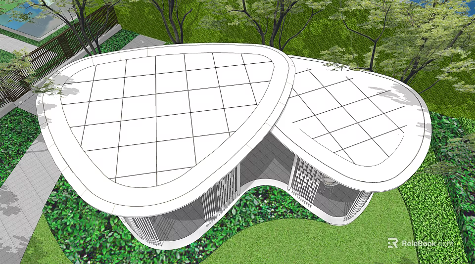 Modern Garden Landscape With Unique Curved Roof Structure Surrounded By Greenery And Trees 3d model 