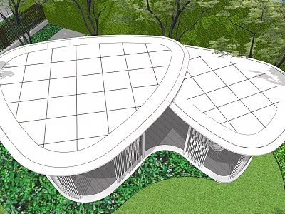 Modern Garden Landscape With Unique Curved Roof Structure Surrounded By Greenery And Trees 3d model