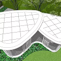 Modern Garden Landscape With Unique Curved Roof Structure Surrounded By Greenery And Trees