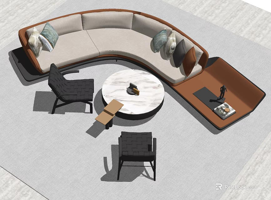 Curved Sofa and Round Coffee Table Set with Throw Pillows and Black Chairs 3d model