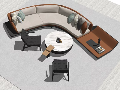 Curved Sofa and Round Coffee Table Set with Throw Pillows and Black Chairs 3d model