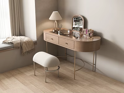Cozy Dressing Table with Drawers Mirror Cosmetics Table Lamp and White Stool by Window 3d model