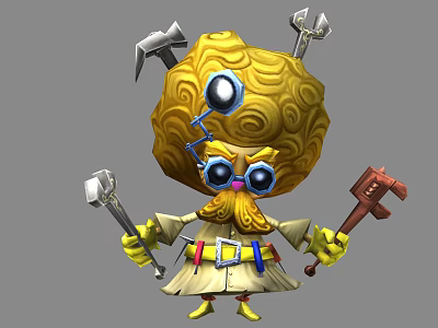 Cartoon Game and Movie Character With Yellow Spiral Head Blue Goggles Holding Tools 3d model
