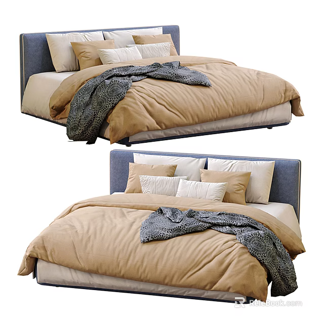 Cozy Double Bed with Blue Headboard Beige Comforter Gray Blanket and White Beige Pillows 3d model 
