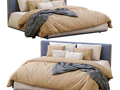 Cozy Double Bed with Blue Headboard Beige Comforter Gray Blanket and White Beige Pillows 3d model