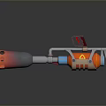 3D Rendered Sci Fi Weapon With Orange Gray Body Red Grip And Blue Glowing Nozzle