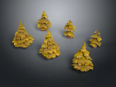 Cartoon Style Yellow Pine Trees Scene With Six Trees On Gray Background 3d model