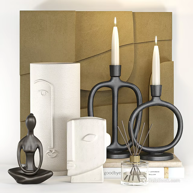Modern Abstract Decorative Ornament Set With Black Candle Holders Sculpture And White Vase 3d model 