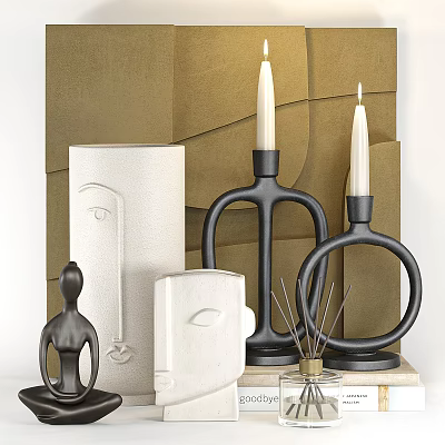Modern Abstract Decorative Ornament Set With Black Candle Holders Sculpture And White Vase 3d model