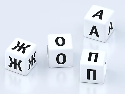 White Dice Cubes With Cyrillic Symbols And Letters Placed On White Background 3d model