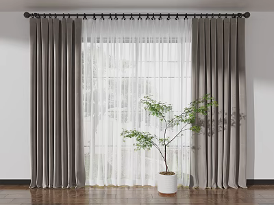 Elegant Gray Curtains with White Sheer Panels and Green Plant by Window on Wooden Floor 3d model