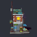 Cartoon Style Multi Level Small Shop Building With Staircase Signboard Window And Awning Details
