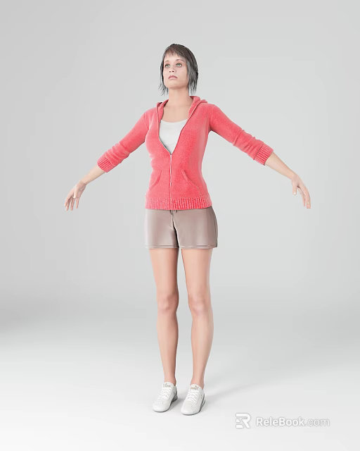 Woman in Pink Hooded Cardigan White Top and Brown Shorts with Arms Outstretched 3d model 