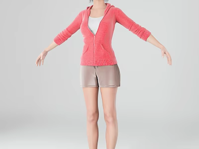Woman in Pink Hooded Cardigan White Top and Brown Shorts with Arms Outstretched 3d model