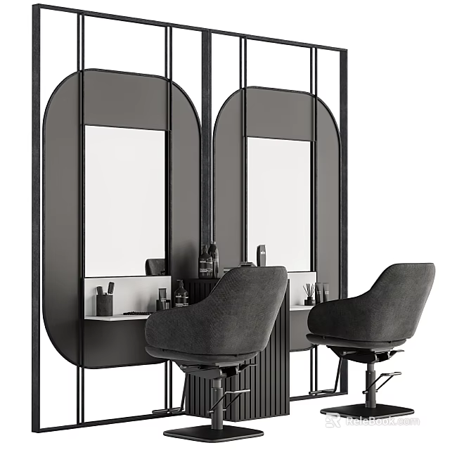 Two Gray Modern Massage Chairs In Front Of Black Frame Mirrors With Shelf And Bottles 3d model 