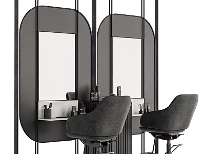 Two Gray Modern Massage Chairs In Front Of Black Frame Mirrors With Shelf And Bottles 3d model