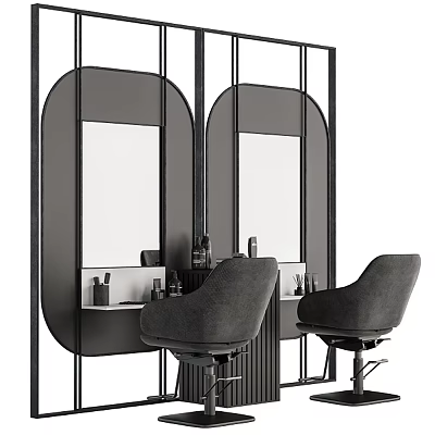 Two Gray Modern Massage Chairs In Front Of Black Frame Mirrors With Shelf And Bottles 3d model