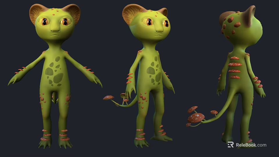 Green Character Creature With Cat Like Ears Spots Red Decorations And Mushroom Tail 3d model 