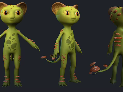Green Character Creature With Cat Like Ears Spots Red Decorations And Mushroom Tail 3d model