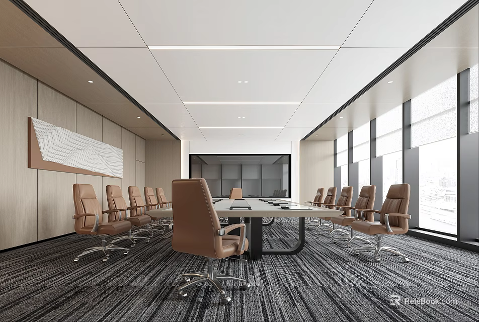 Modern Conference Room Interior With Long Meeting Table Brown Chairs Large Windows And Gray Carpet 3d model 