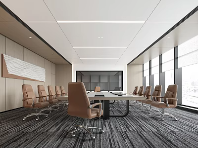 Modern Conference Room Interior With Long Meeting Table Brown Chairs Large Windows And Gray Carpet 3d model