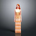 Woman With Long Red Hair Wearing Golden Fringed Long Dress Against Grey Background