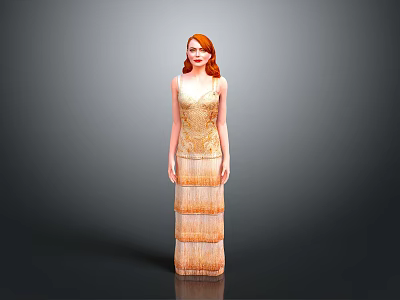 Woman With Long Red Hair Wearing Golden Fringed Long Dress Against Grey Background 3d model