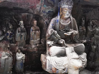 Multiple Buddhist Figures in Ancient Grotto with Intricate Stone Carvings and Painted Details 3d model