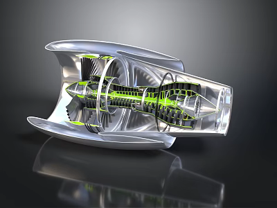 Futuristic Transparent Spaceship Engine With Glowing Green Energy Lines And Mechanical Structures 3d model