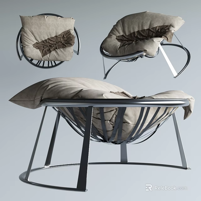 Beige Lazy Sofa with Modern Metal Frame and Pleated Cushion Design Displayed in Multiple Angles 3d model 