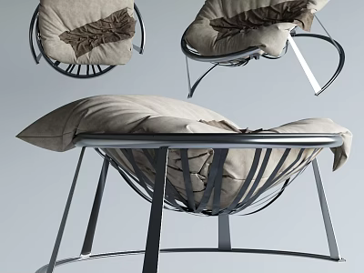 Beige Lazy Sofa with Modern Metal Frame and Pleated Cushion Design Displayed in Multiple Angles 3d model