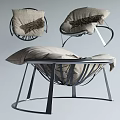 Beige Lazy Sofa with Modern Metal Frame and Pleated Cushion Design Displayed in Multiple Angles