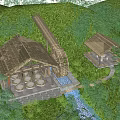 Traditional Thatched Roof Buildings With Watermill In Bamboo And Green Grass Setting