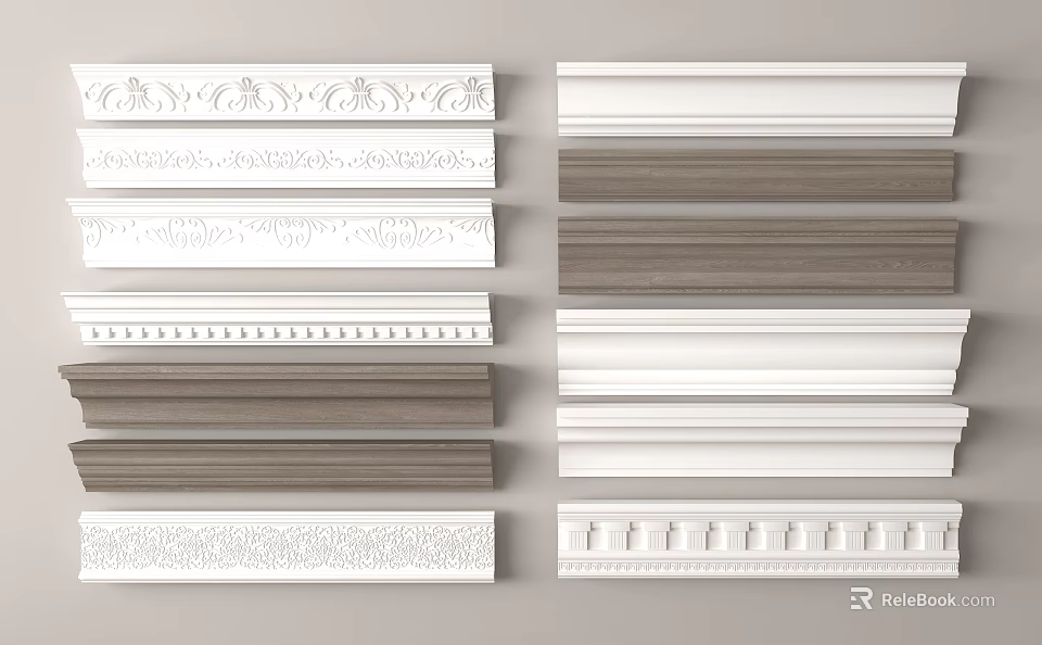 Various Styles Decorative Moldings With Ornamental Patterns And Wooden White Designs 3d model 