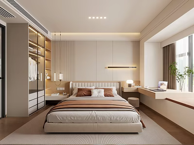 Modern Bedroom Interior Design With Large Bed Wardrobe And Window Lighting 3d model