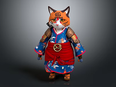 Game Movie Samurai Cat Character Wearing Blue Kimono With Red Sash And Tiger Pattern 3d model