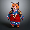 Game Movie Samurai Cat Character Wearing Blue Kimono With Red Sash And Tiger Pattern