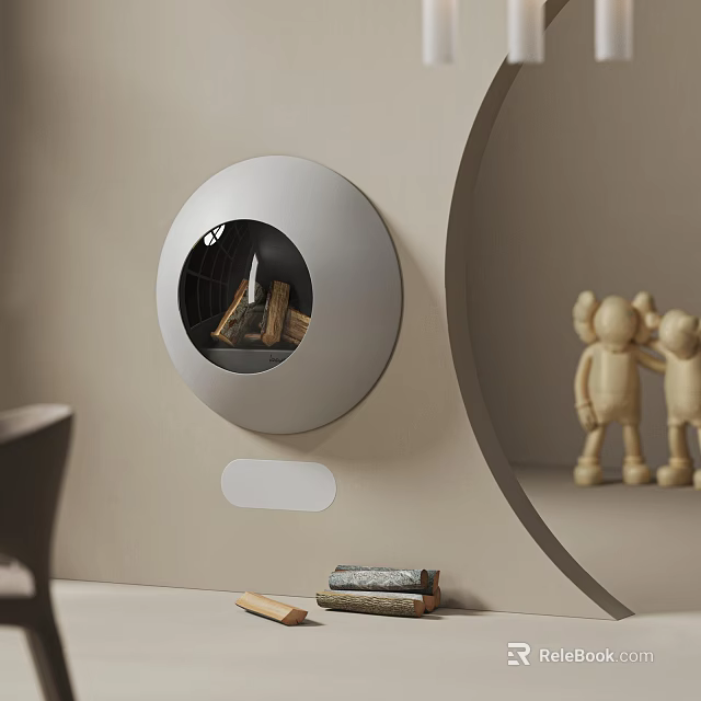 Modern Round Wall Mounted Fireplace With Wood Logs Inside Near Wooden Figurines On Minimalist Wall 3d model 