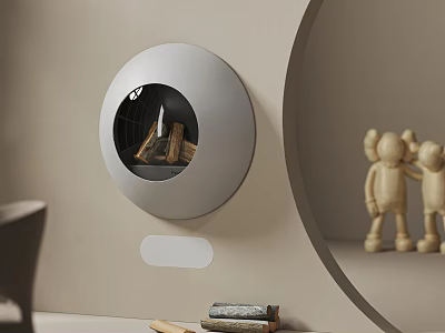 Modern Round Wall Mounted Fireplace With Wood Logs Inside Near Wooden Figurines On Minimalist Wall 3d model