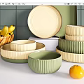 Ceramic Dinnerware Set With Green And Beige Ribbed Bowls And Plates For Kitchen Use 3d model