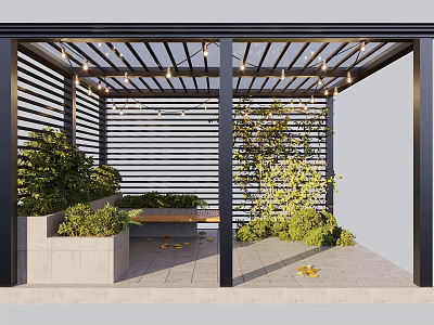 Modern Outdoor Pergola Design With Wooden Slats Plants And Bench 3d model
