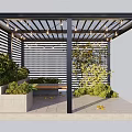 Modern Outdoor Pergola Design With Wooden Slats Plants And Bench
