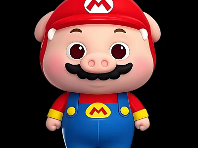 Cartoon Pig Character In Mario Style Red Hat Blue Overalls And Black Mustache 3d model