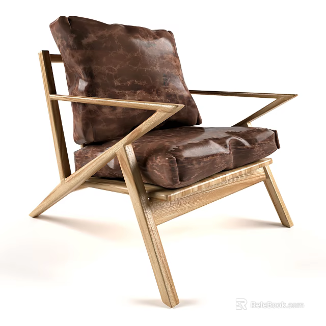 Stylish Single Sofa With Brown Leather Cushion And Modern Geometric Wooden Frame Design 3d model 