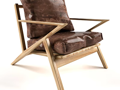 Stylish Single Sofa With Brown Leather Cushion And Modern Geometric Wooden Frame Design 3d model