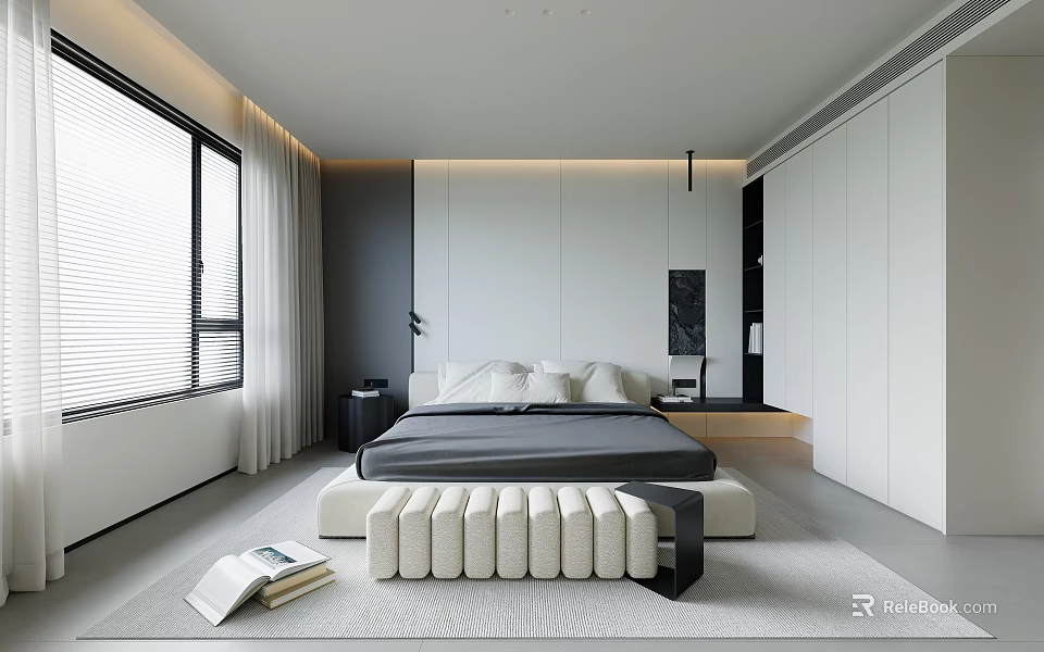 Modern Bedroom Interior Design With Upholstered Bed White Bench Large Window And Wardrobe 3d model
