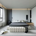 Modern Bedroom Interior Design With Upholstered Bed White Bench Large Window And Wardrobe 3d model