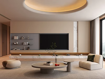 Modern Minimalist Living Room Interior Design With TV Wall Shelves Sofa And Coffee Table 3d model