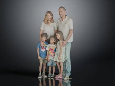 Family Group Portrait Standing Together With Children In Casual Clothes Against Gray Background 3d model